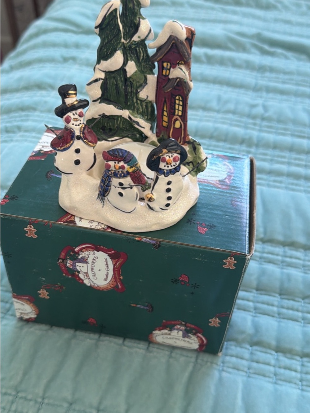 Blue Sky White, Green, Red Snowman Village Tabletop Figurine
